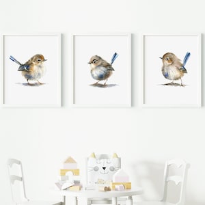Cute Baby Bird Nursery Art, Set of 3, Watercolor Birds - Nursery Decor Bathroom Wall art, Watercolor painting, Cute Beige and Blue