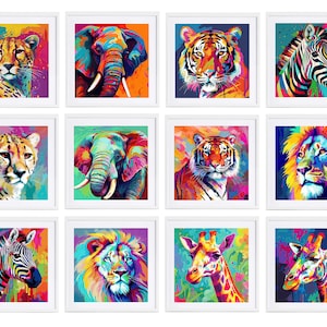 Colorido Safari Animal Print, Conjunto de 12, Arte de vivero colorido brillante, Arte de pared imprimible, Cartel de animales maximalista, Sala de juegos