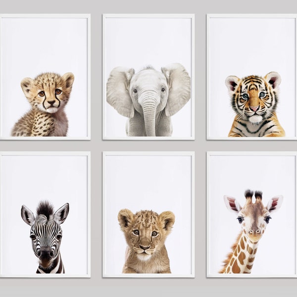 Nursery Safari Animals Color, Set of 6, Printable Download - Minimalist Wall Decor, Cute Animals for Kids Room and Nursery