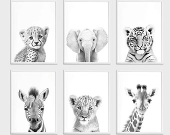 Safari Nursery Prints Set of 6, Black and White Baby Animals, Instant Download