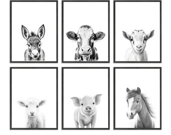 Nursery Farm Animals Black and White Art Prints - Baby Animal Set - Nursery Wall Decor - Digital Print Download - Nursery Wall Art, Set of 6
