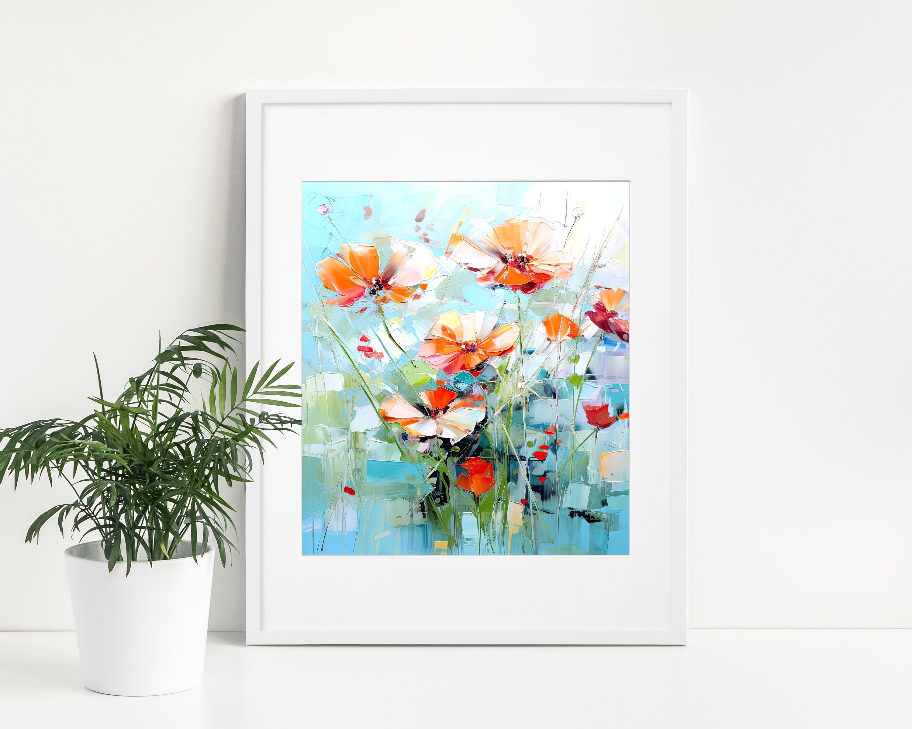 Abstract Colorful Painting on Canvas, Orange, Blue and Red Flowers ...