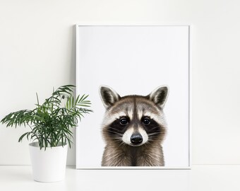 Nursery Woodland Raccoon | Color Kids Room Woodland Animals, Realistic Minimalist Animal Art|Digital Download,Neutral Nursery Print