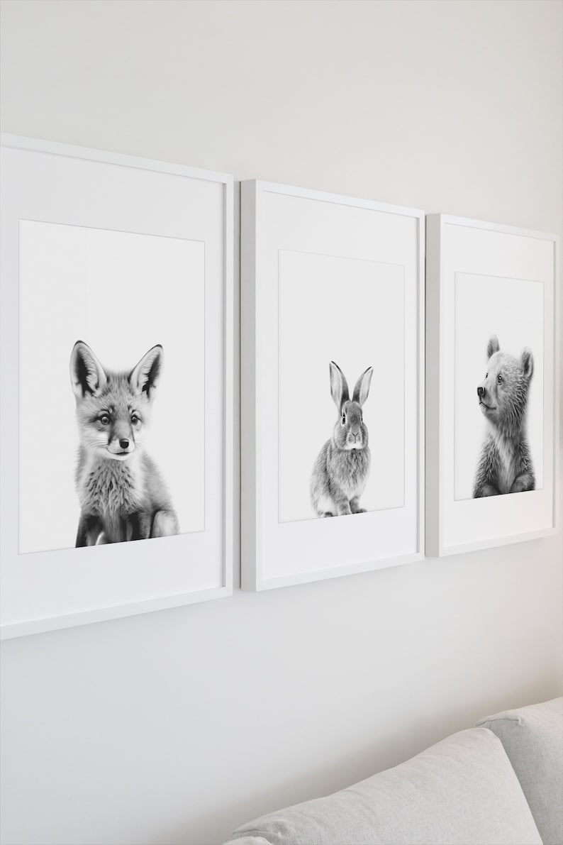 Nursery Woodland Animals Black and White, Set of 6, Woodland Nursery Decor, Wall Art, Cute