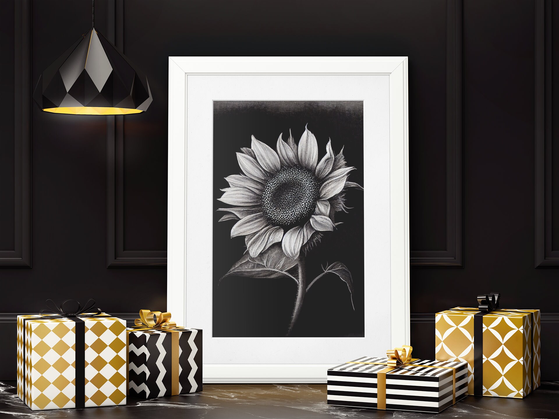Sunflower Wall Art Print, Charcoal Sketch, Printable Wall Art
