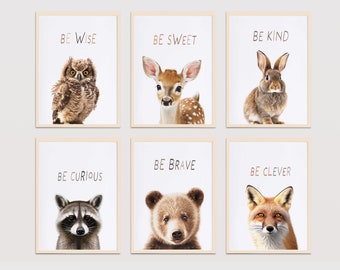 Nursery Woodland Animals Color, Set of 6 Digital Prints, Woodland Nursery Decor|Nursery wall art, Cute Animals for Kids Room and Nursery
