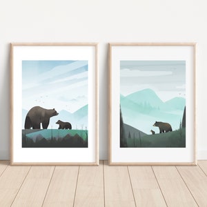 Momma Bear and Cub | Set of 2 | Blue Green Woodland Wildlife Mountain Decor | Watercolor Art for Kid&#39;s, Children&#39;s Rooms, Nursery Wall Art