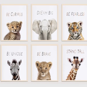Impresiones de vivero Safari, Conjunto de 6, Impresiones digitales, Arte de pared de guardería, Impresiones de animales bebés para guardería, Impresiones de animales bebés, Póster Dream Big