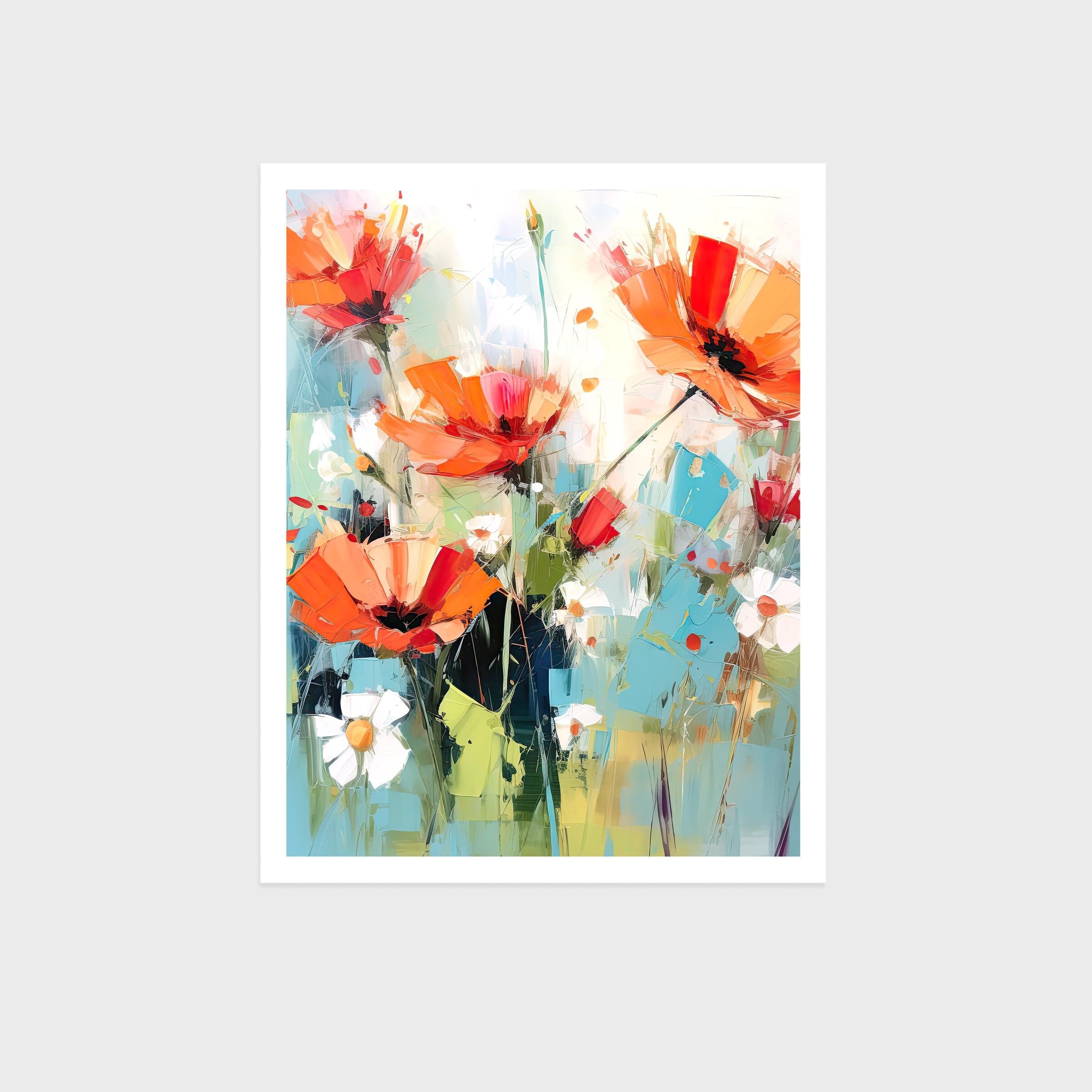 Abstract Colorful Painting on Canvas, Orange, Blue and Red Flowers ...