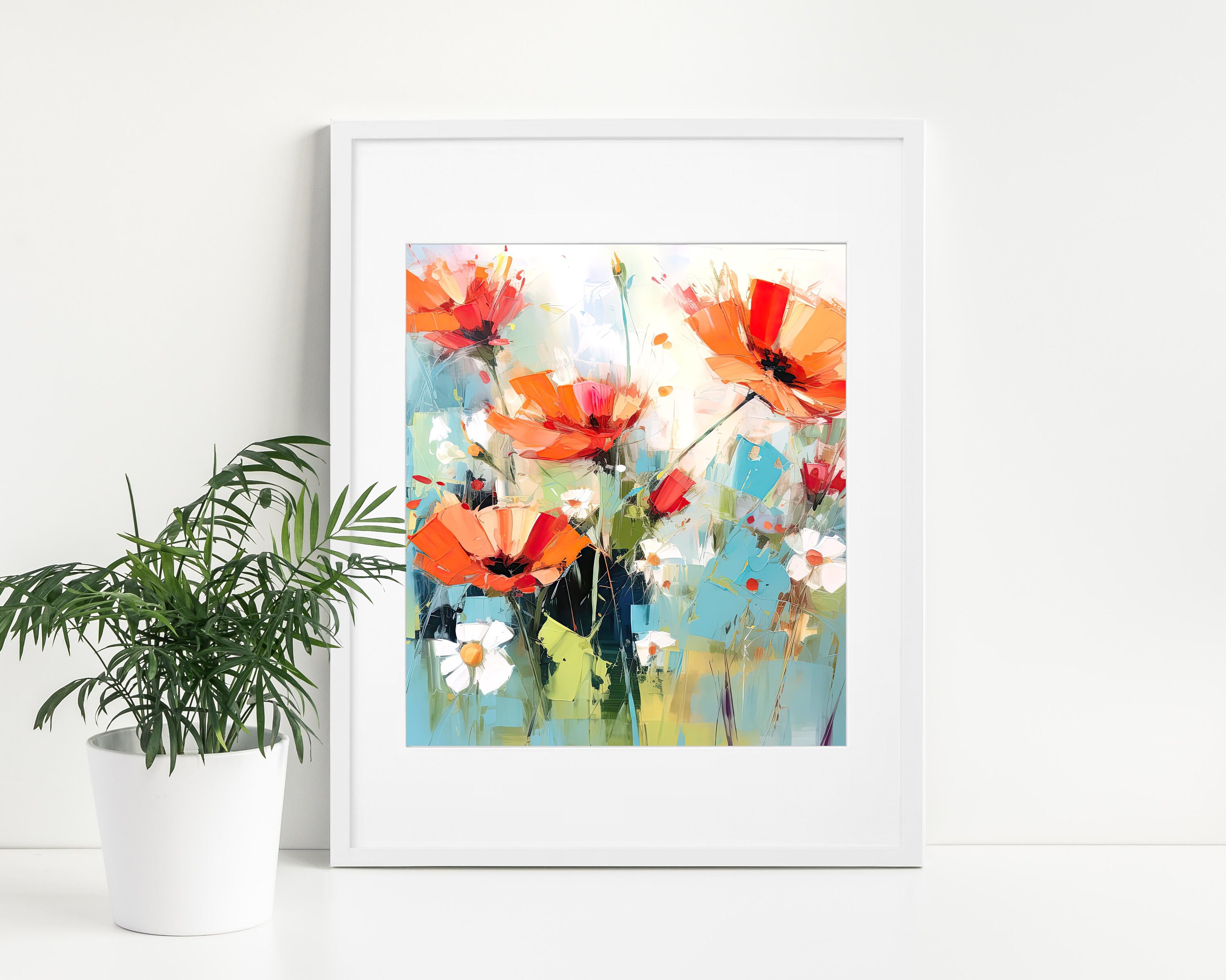 Abstract Colorful Painting on Canvas, Orange, Blue and Red Flowers ...