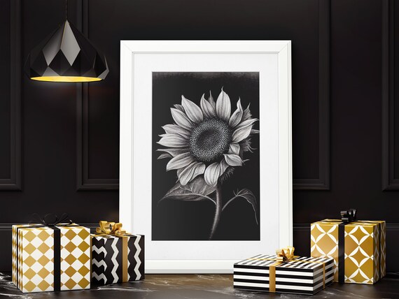 Sunflower Wall Art Print, Charcoal Sketch, Printable Wall Art