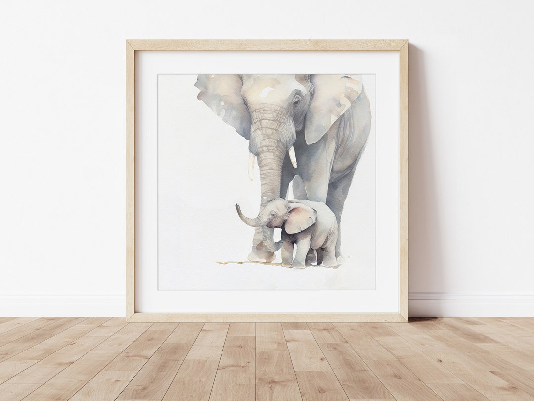 Elephant Wall Art Print, Watercolor, Printable Wall Art, Mom and Baby ...