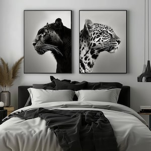 Schwarzer Panther und Leopard Porträt Profil, Schwarz Weiß Druck, Leopard Panther Tier Druck, Minimalistisch, Zeitgenössisch, 2er Set