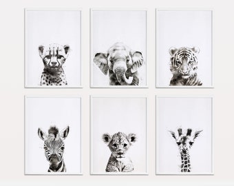 Nursery Safari Animals Black and White Watercolor, Set of 6, Printable Download - Minimalist Wall Decor