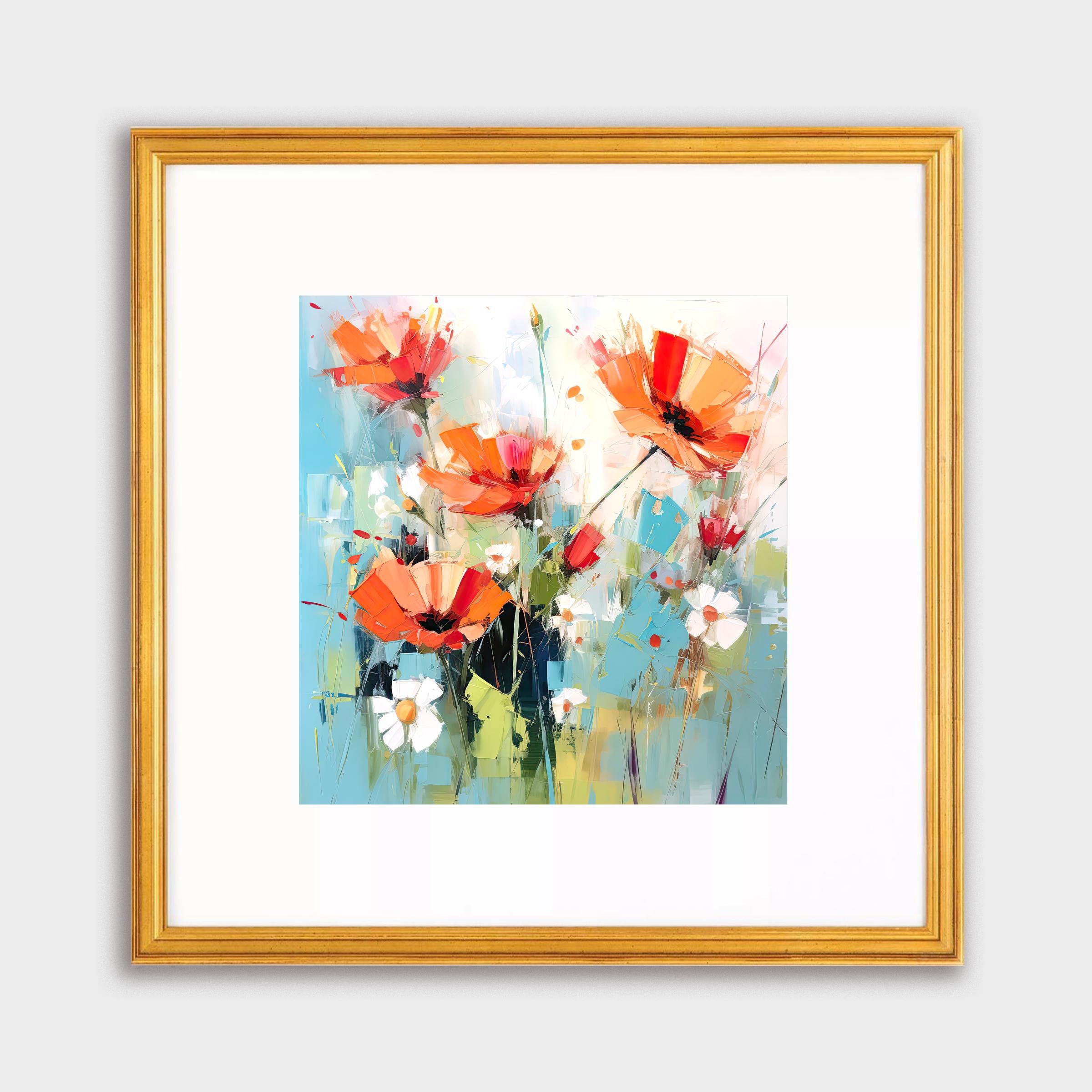 Abstract Colorful Painting on Canvas, Orange, Blue and Red Flowers ...
