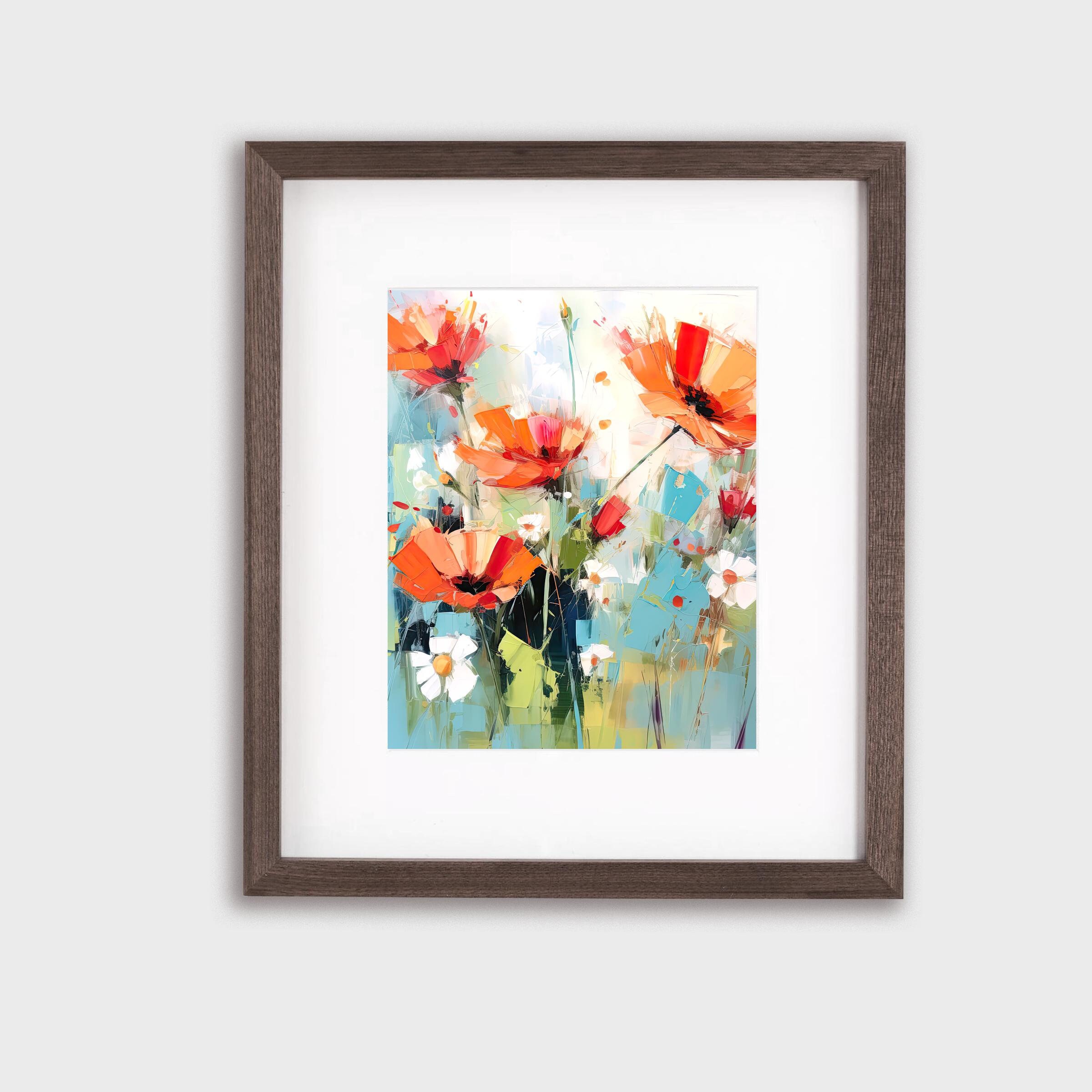 Abstract Colorful Painting on Canvas, Orange, Blue and Red Flowers ...