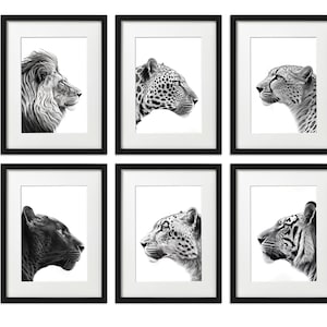 Big Cat Portrait Profile, Black and White print, Minimalist, Contemporary Modern Animal Print, White Background, Set of 6
