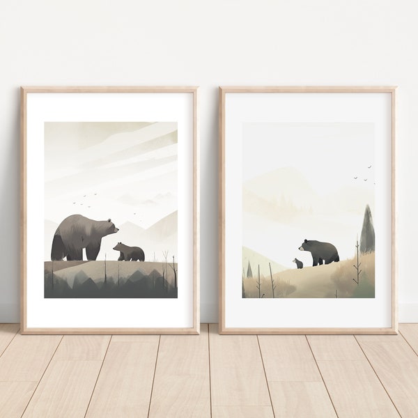 Momma Bear and Cub | Set of 2 | Beige Woodland Wildlife Mountain Decor | Watercolor Art for Kid's, Children's Rooms, Nursery Wall Art