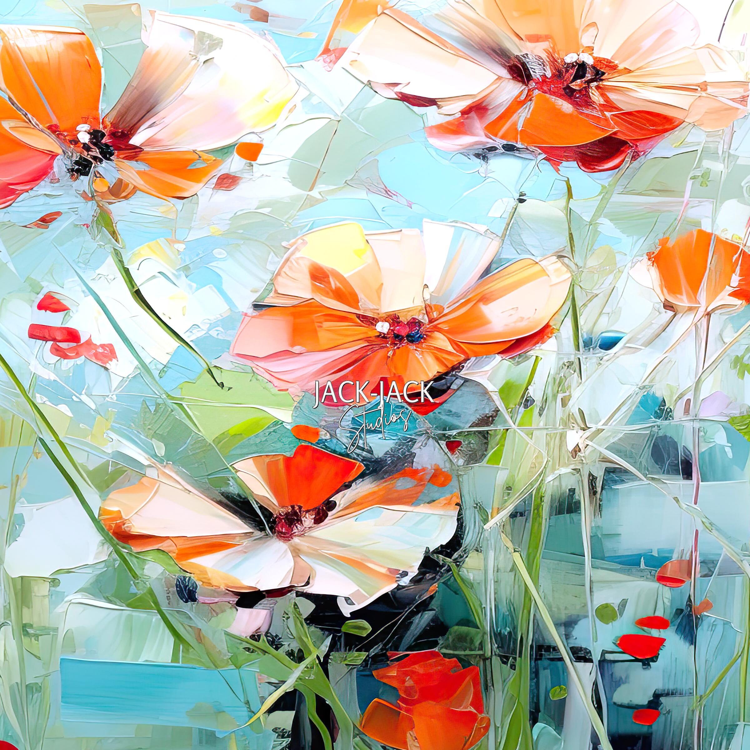 Abstract Colorful Painting on Canvas, Orange, Blue and Red Flowers ...
