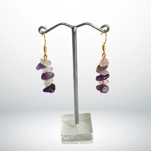 Rose Quartz & Amethyst Gemstone Earrings – Self-Love and Spiritual Healing Crystals, Gold-Tone Hooks, Hypoallergenic