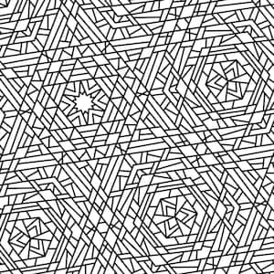 May include: Black and white geometric pattern with hexagonal and star-shaped elements. The design features a complex network of lines creating an intricate, abstract composition. The pattern is suitable for coloring or as a decorative design.