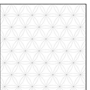 May include: A black and white geometric pattern featuring overlapping circles, creating a flower-like design. The pattern is repeated across the surface, forming a symmetrical and intricate design. The image is a simple, clean illustration.