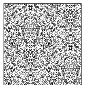 May include: Black and white floral pattern coloring page. The design features a repeating pattern of flowers, stars, and other botanical elements. The intricate details are perfect for coloring and relaxation.