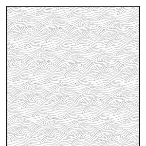 May include: Black and white line art of a repeating wave pattern. The design features numerous curved lines that create a flowing, undulating effect, resembling ocean waves. The artwork is contained within a black rectangular border.
