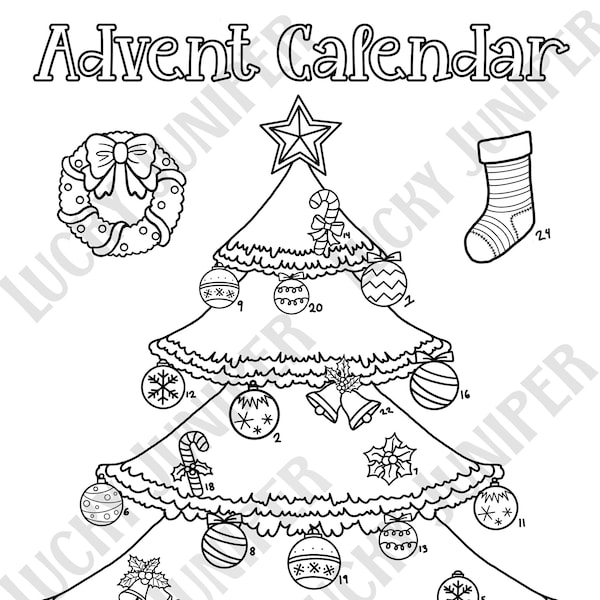 Advent Calendar Christmas Tree Printable Coloring Pages, Holiday