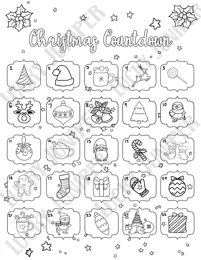Christmas Countdown Printable Coloring Pages Advent Calendar Holiday - Etsy