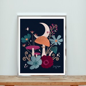 Moon & Mushrooms Art Print Digital Download Printable 3 Sizes