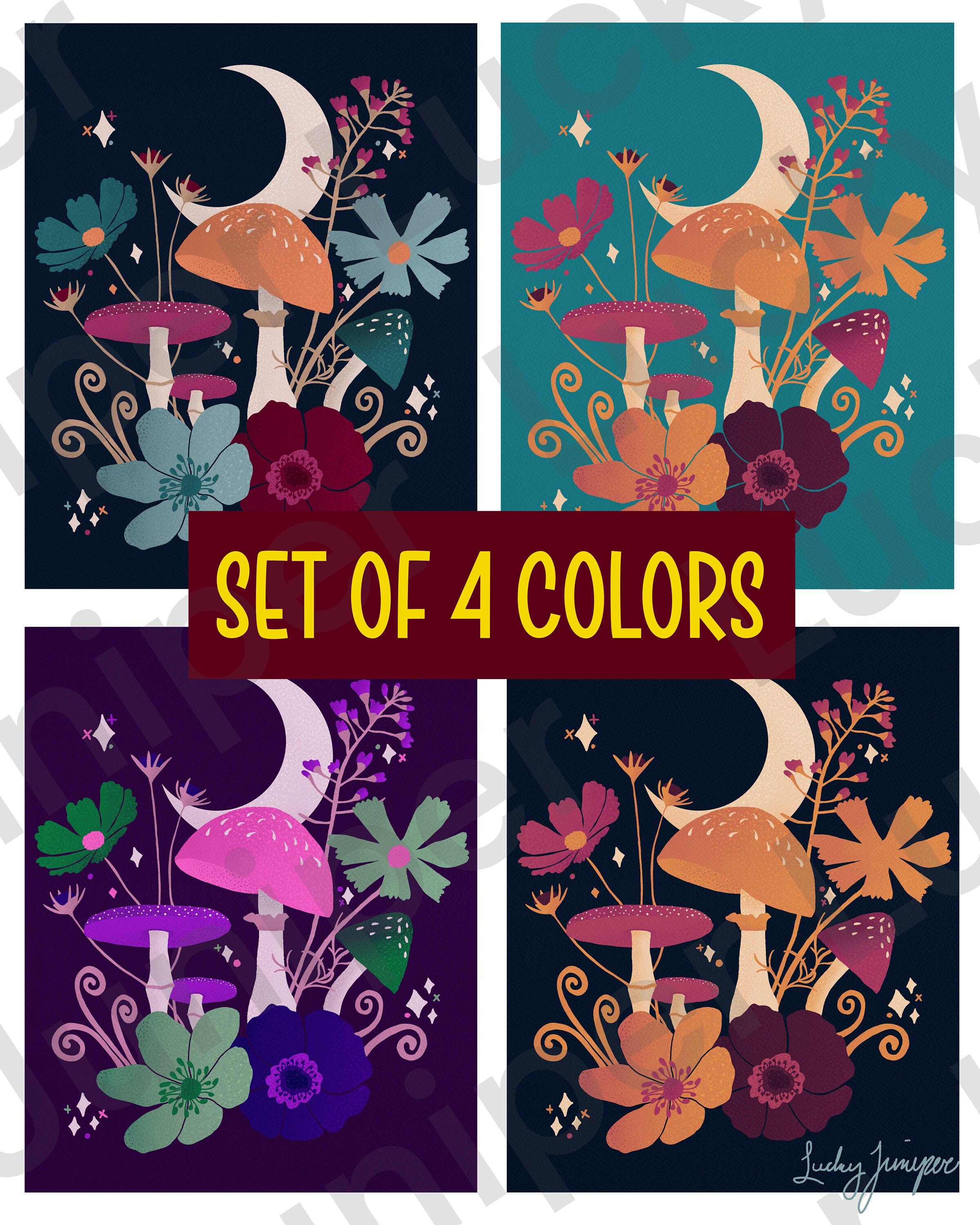 Moon & Mushrooms Art Print Set of 4 - Digital Download Printable 3