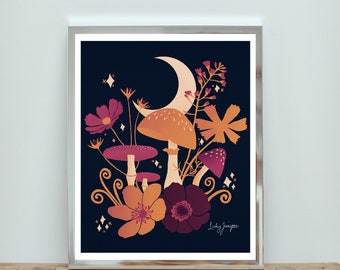 Triple Mushroom Moon オリジナルアート Moon & Mushrooms Art Print Set of 4 - Digital Download Printable 3