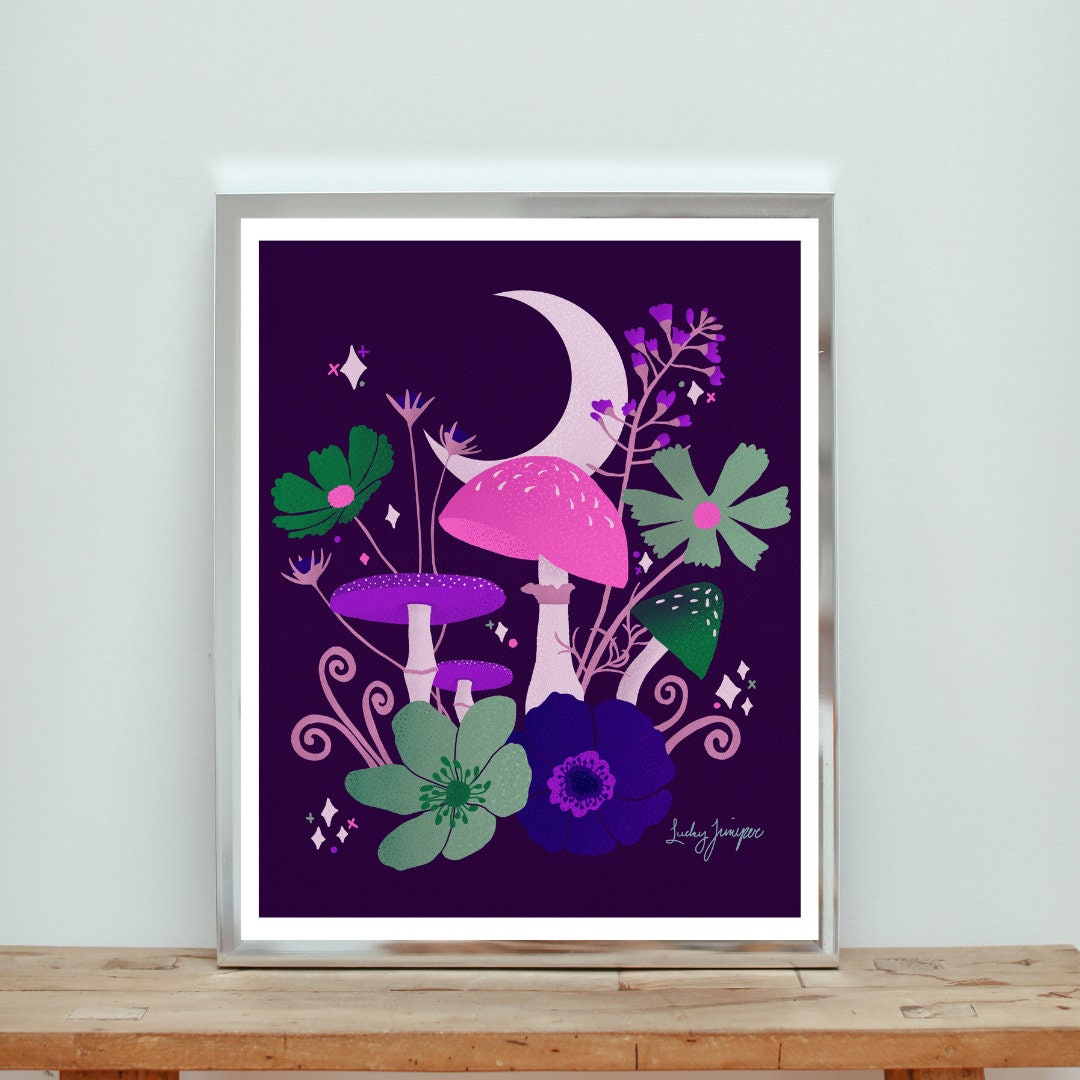 Triple Mushroom Moon オリジナルアート Moon & Mushrooms Art Print Digital Download Printable 3 Sizes