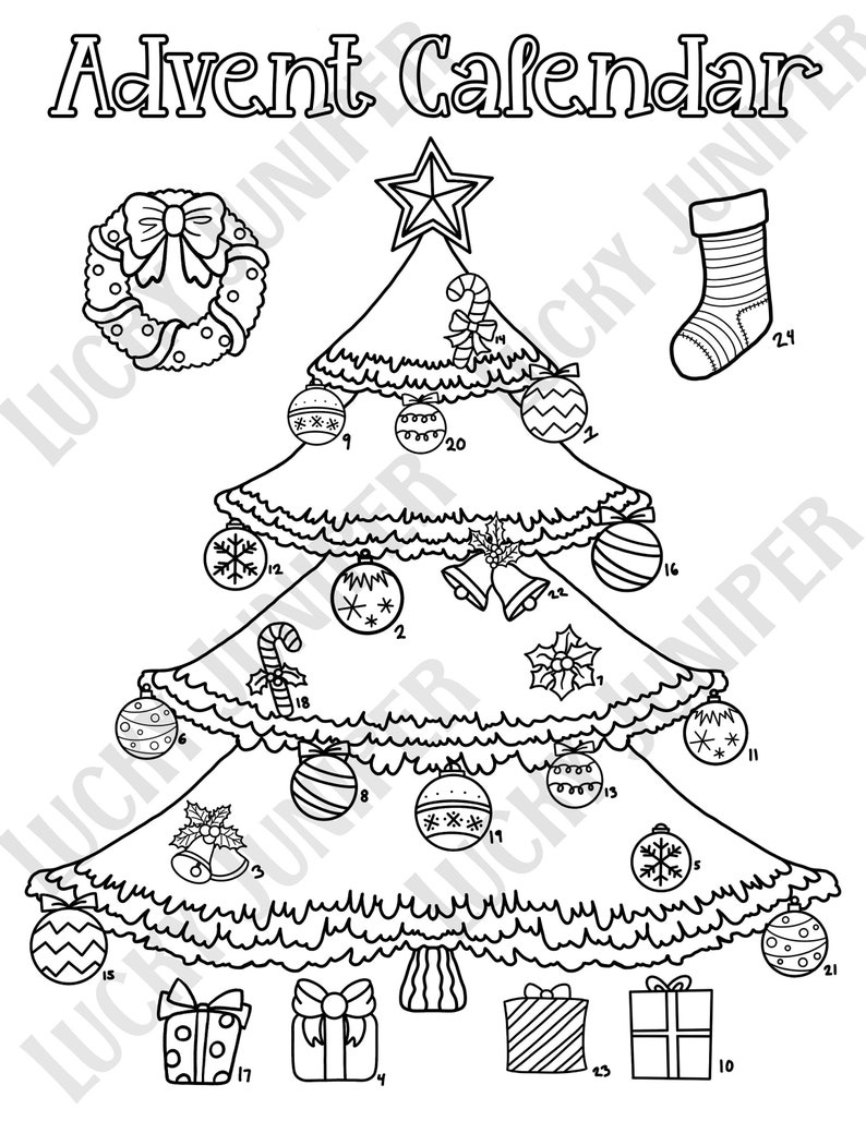 Advent Calendar Christmas Tree Printable Coloring Pages, Holiday Etsy