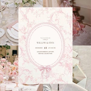 Vintage Pink Wedding Invitation Template – Elegant Bow & Frame Design – Printable or Editable Digital Download