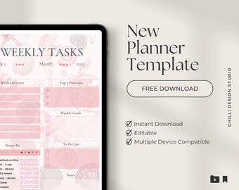 May include: A digital planner template on a tablet, featuring a pink and white seashell design. The planner includes sections for weekly tasks, goals, and notes. Text reads "New Planner Template" and "Free Download."