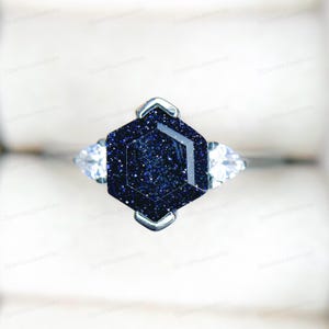 Blue Sandstone Ring: Oval 14k Gold & Sterling Silver, CZ Accents