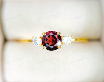 Natural Garnet Sterling Silver Ring: Gold Plated Three Stone Design
