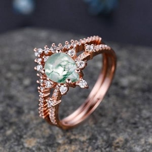 Unique pear cut moss agate engagement ring set rose gold handmade Cubic Zirconia wedding ring set green gemstone natural inspired bridal set