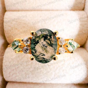 Oval Moss Agate Engagement Ring: Vintage Solid Gold Bridal Ring