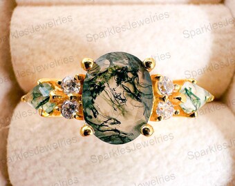 Moss Agate engagement ring Oval vintage solid gold Ring unique Cluster kite cut green Agate moissanite wedding ring bridal ring Anniversary
