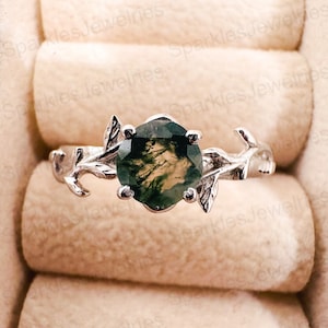 Round Cut Moss Agate Ring, 925 Sterling Silver Ring Green Agate Engagement Ring, Branch Leaf Twig Nature Inspired Ring Anniversary Gift