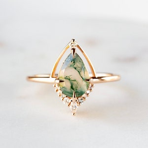 Unique pear cut moss agate engagement ring silver rose gold handmade Cubic Zirconia wedding ring green gemstone natural inspired bridal Ring
