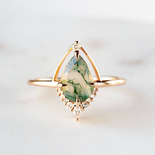 Pear Green Moss Agate Ring Engagement Promise Natural Green - Etsy