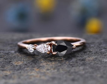 Natural Black Onyx Engagement Ring,Pear Cut Gems,Art Deco Cubic Zircon Wedding Band,3 Stone Unique Women Bridal Promise Ring Gift,Rose gold