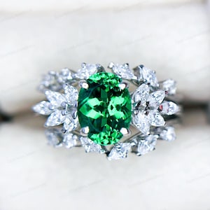 Oval Lab Emerald Engagement Ring: Rose Gold Moissanite Cluster, Vintage Style