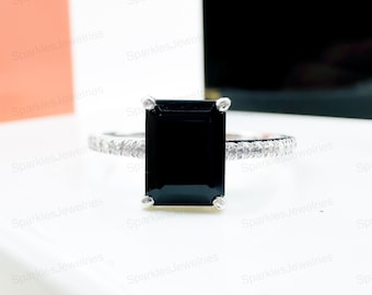 Emerald Cut Black Onyx Ring: Sterling Silver Stackable Anniversary Jewelry