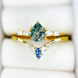 Moss Agate and London Blue Topaz Ring Set - Yellow Gold Sterling Silver