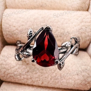 Natural Garnet Leaf Ring: Pear Gemstone Sterling Silver Stacking Ring
